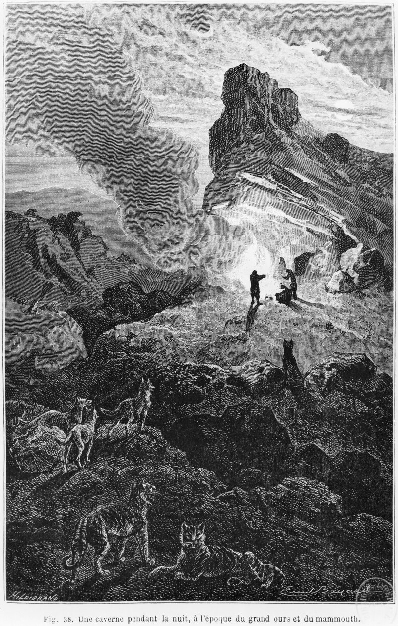 晚上的一个史前洞穴，来自Louis Figuier（1819-94）的&39;The Primitive Man&39;的插图出版了1870年的Hachette 作者 埃米尔·安托万·贝亚德