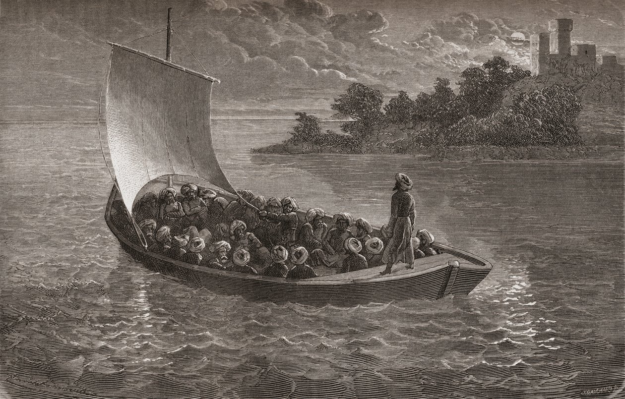 Arminio Vambery和他的同伴于1863年在里海航行，来自“手中的世界”的插图，由Gauchard雕刻，于1878年出版 作者 埃米尔·安托万·贝亚德