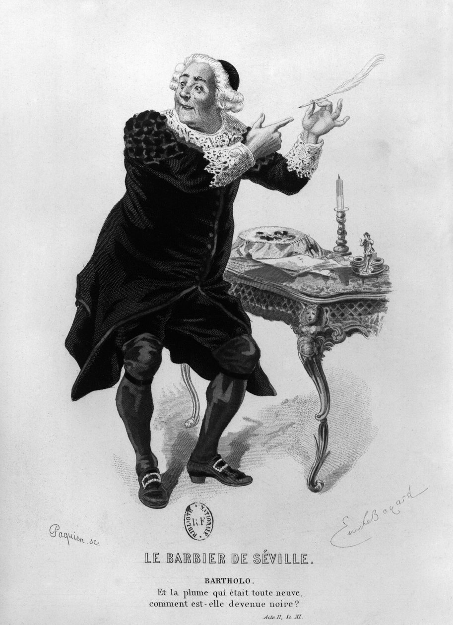 巴塞洛，插图来自塞维利亚理发师的第二幕第11幕由Pierre Augustin Caron de Beaumarchais（1732-99）雕刻，由Jean Paquin（19世纪）雕刻） 作者 埃米尔·安托万·贝亚德