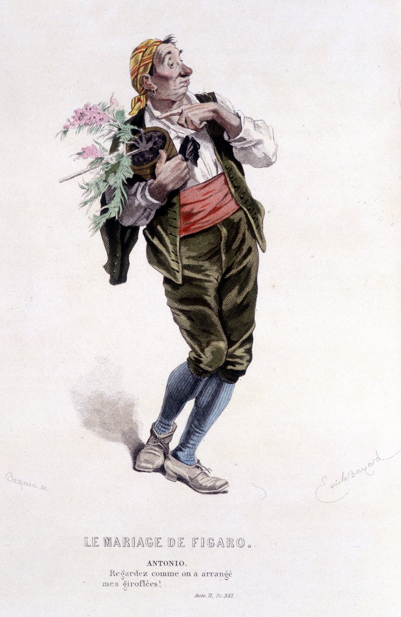 爱德华·富尼耶 (Edouard Fournier) 的博马舍 (Beaumarchais) (1732-1799) 的完整作品。 埃米尔·贝亚德画的。 埃德。 Laplace, Sanchez et Cie, Paris 1876. 这是《费加罗的婚礼》中的安东尼奥 作者 埃米尔·安托万·贝亚德