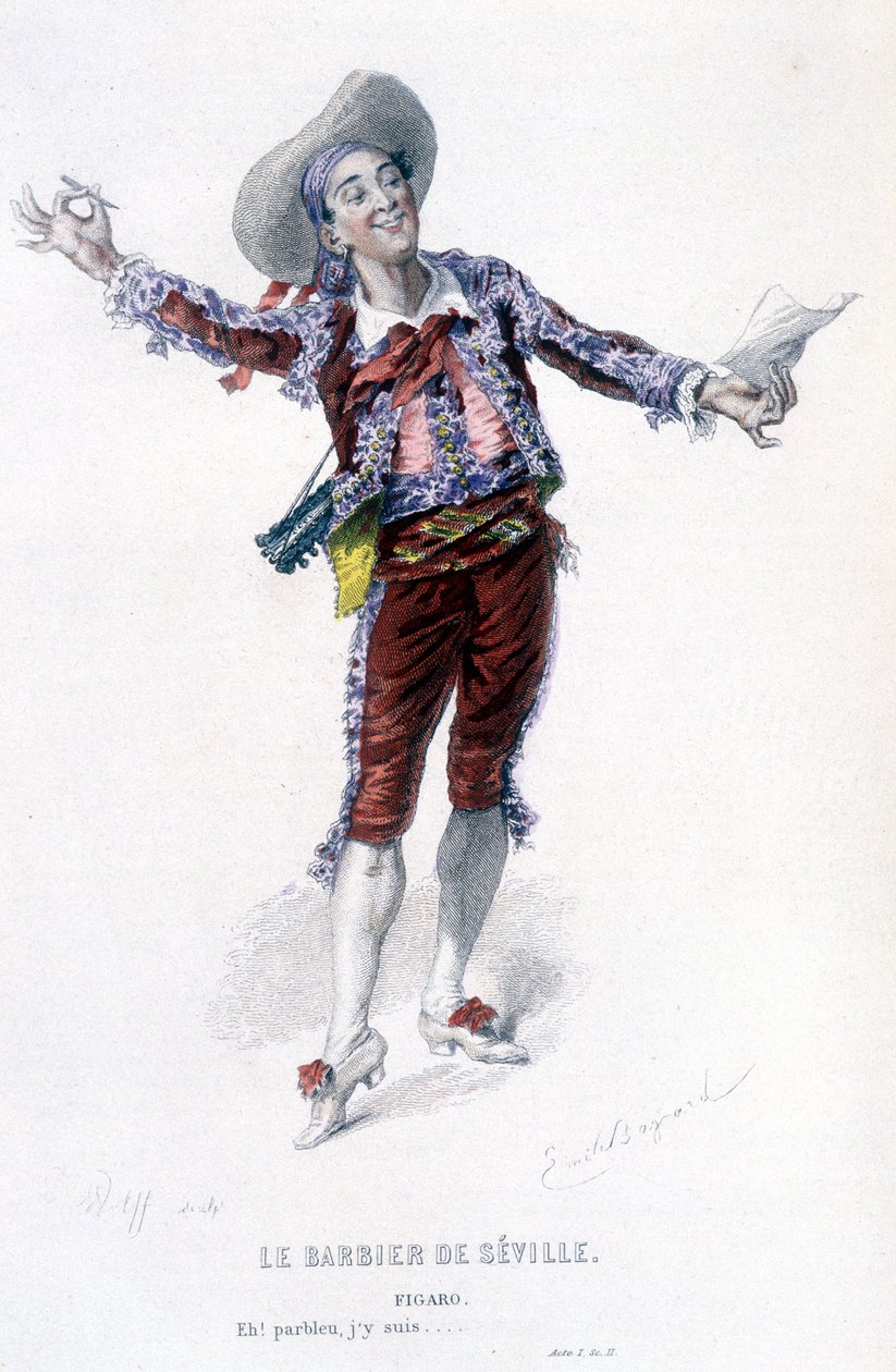 博马舍(1732-1799)作品全集》由爱德华-富尼耶著。埃米尔-巴亚尔绘图。Ed.Laplace, Sanchez et Cie, Paris 1876.这是《塞维利亚的理发师》中的费加罗 作者 埃米尔·安托万·贝亚德