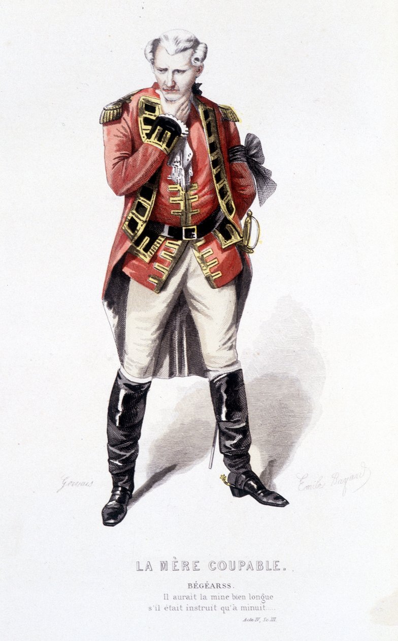 博马舍(1732-1799)作品全集》由爱德华-富尼耶著。埃米尔-巴亚尔绘图。Ed.Laplace, Sanchez et Cie, Paris 1876.这是 "有罪的母亲 "中的贝加尔斯 作者 埃米尔·安托万·贝亚德