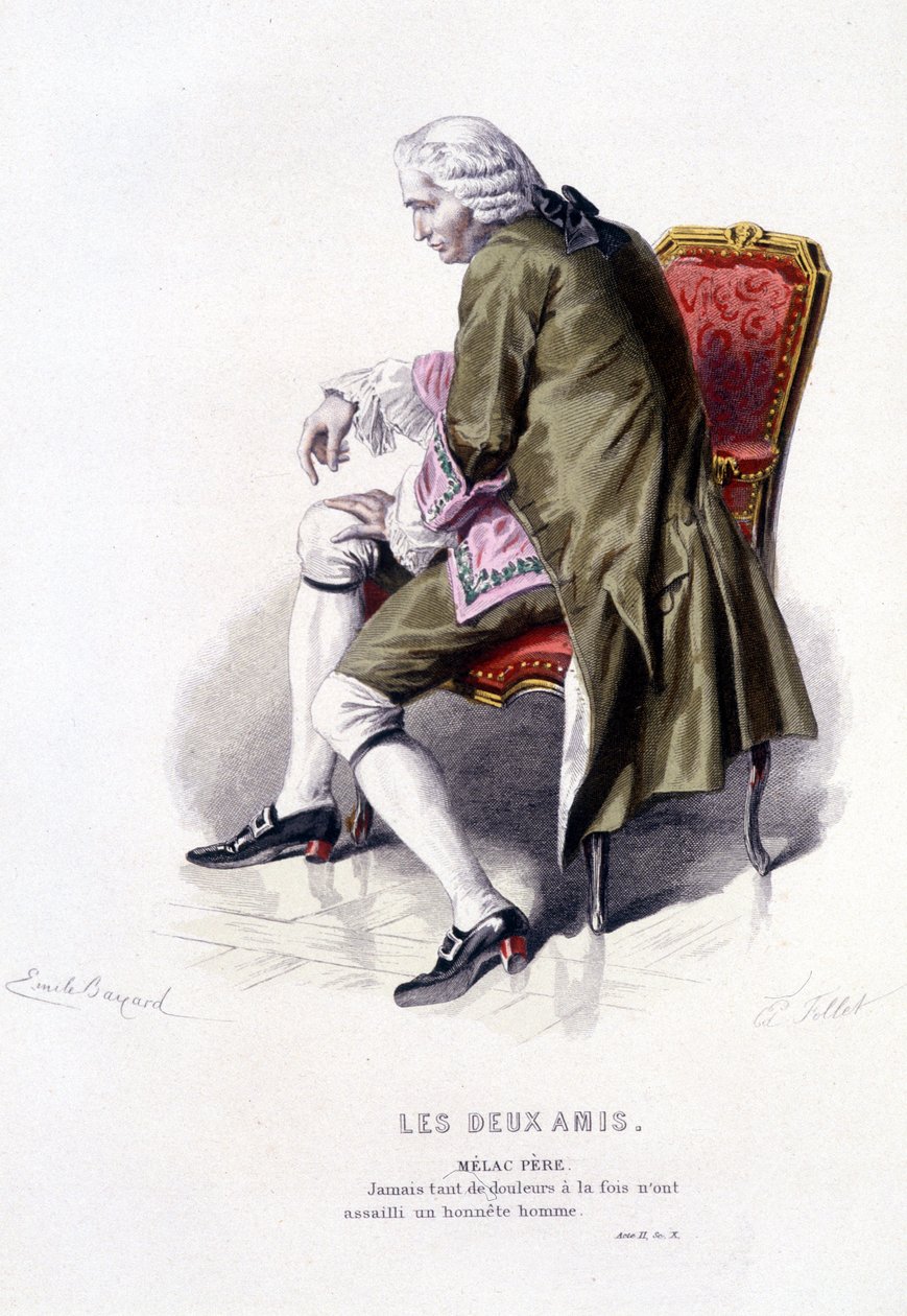 博马舍(1732-1799)作品全集》由爱德华-富尼耶著。埃米尔-巴亚尔绘图。Ed.Laplace, Sanchez et Cie, Paris 1876.这是《两个朋友》中的梅拉克父亲 作者 埃米尔·安托万·贝亚德