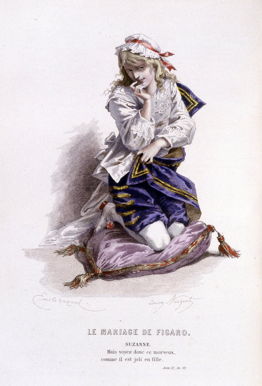 博马舍(1732-1799)作品全集》由爱德华-富尼耶著。埃米尔-巴亚尔绘图。Ed.Laplace, Sanchez et Cie, Paris 1876.这是《费加罗的婚礼》中的苏珊娜 作者 埃米尔·安托万·贝亚德