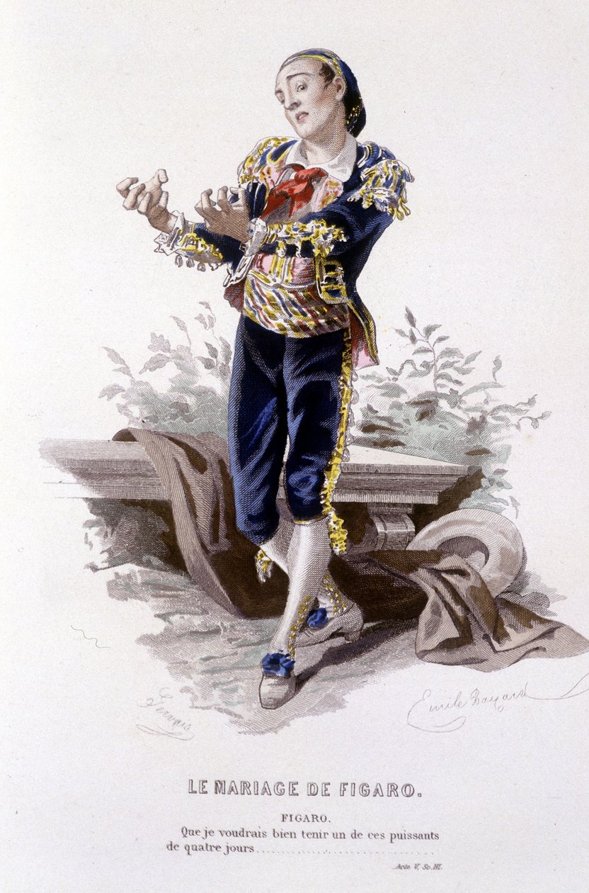 博马舍(1732-1799)作品全集》由爱德华-富尼耶著。埃米尔-巴亚尔绘图。Ed.Laplace, Sanchez et Cie, Paris 1876.这是《费加罗的婚礼》中的费加罗 作者 埃米尔·安托万·贝亚德