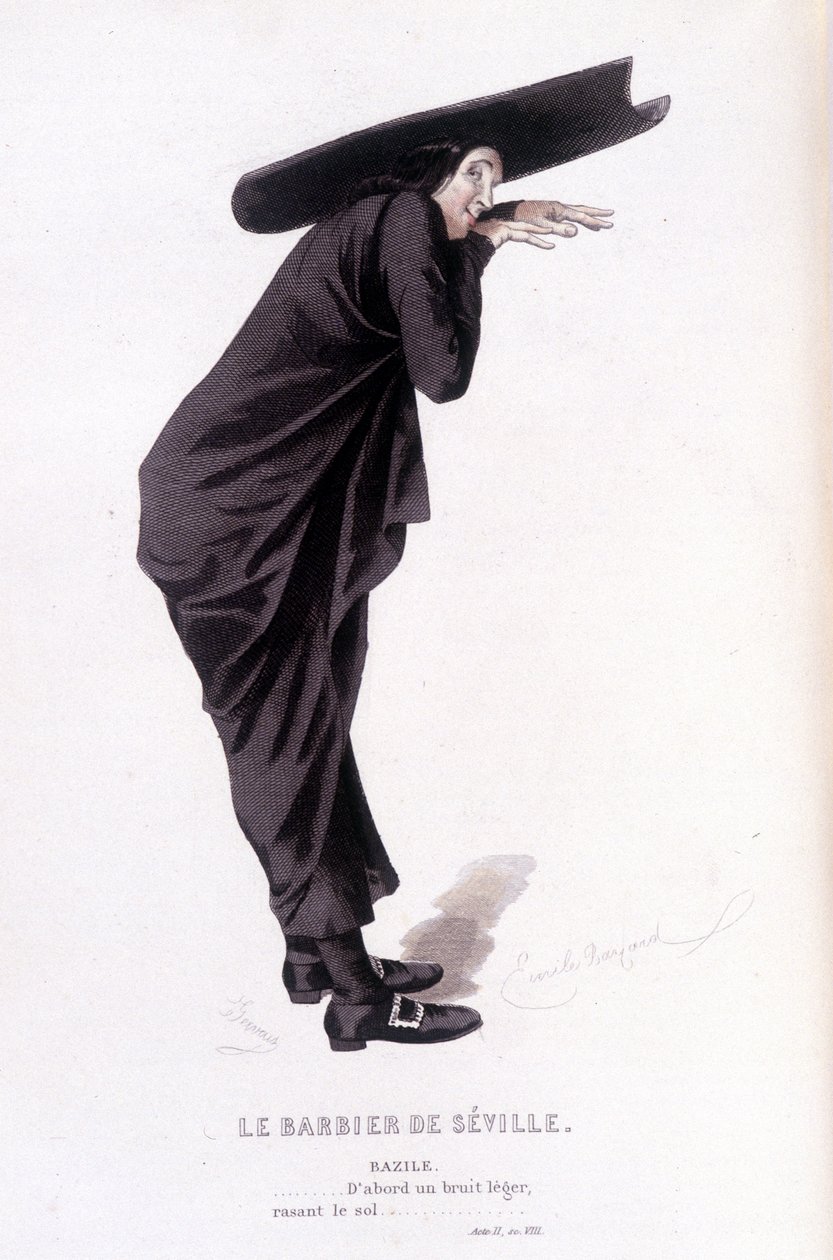 博马舍(1732-1799)作品全集》由爱德华-富尼耶著。埃米尔-巴亚尔绘图。Ed.Laplace, Sanchez et Cie, Paris 1876.这是《塞维利亚的理发师》中的巴兹尔 作者 埃米尔·安托万·贝亚德