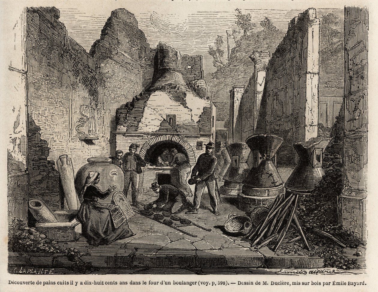 1864年在庞贝的发掘过程中，由面包店的烤炉和灰烬中保存的面包发现的，由埃米尔-巴亚尔（1837-1891）绘制，为马克-莫尼耶（1829-1885）的文字《庞贝和庞贝人》作插图。雕刻在 "世界之旅 "中，编辑为 作者 埃米尔·安托万·贝亚德