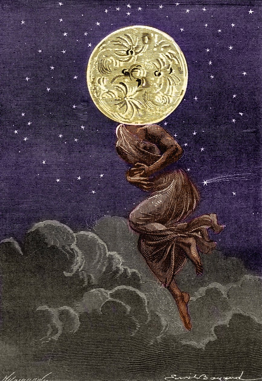 儒勒·凡尔纳 (Jules Verne) 的书“环绕月球”(Hetzel 版 / Voyages extraordinaire 1870) 的雕刻（埃米尔·贝亚德 (Emile Bayard)）：月亮象征着一个年轻女子的身体……患有绞痛！ 作者 埃米尔·安托万·贝亚德
