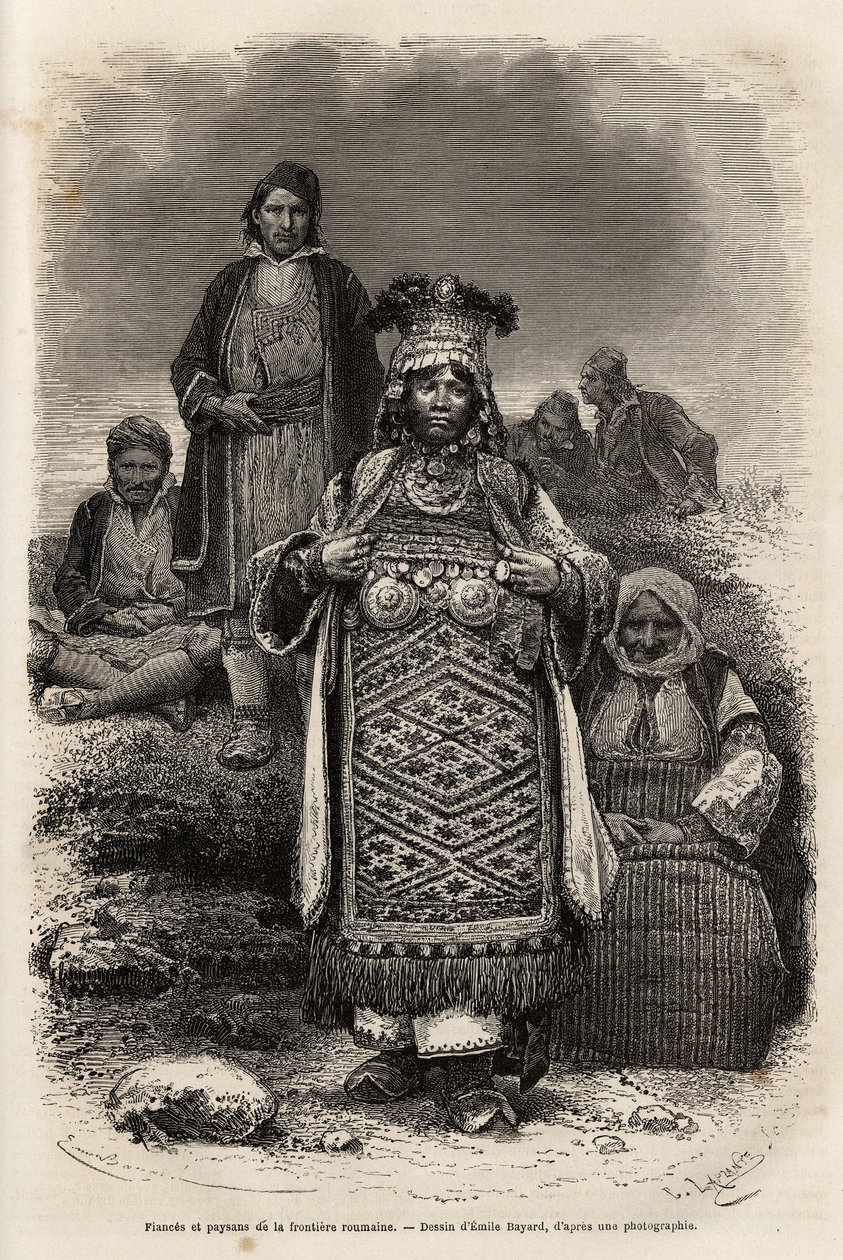 罗马尼亚边境的未婚夫和农民，埃米尔·贝亚德 (Emile Bayard) 的画后雕刻，描绘了保加利亚之旅，纪尧姆·勒让 (Guillaume Lejean) 于 1867 年出版，1873 年出版于“世界之旅”，爱德华·查顿 (Edouard Charton) 编辑，阿歇特版，巴黎 . 硒 作者 埃米尔·安托万·贝亚德