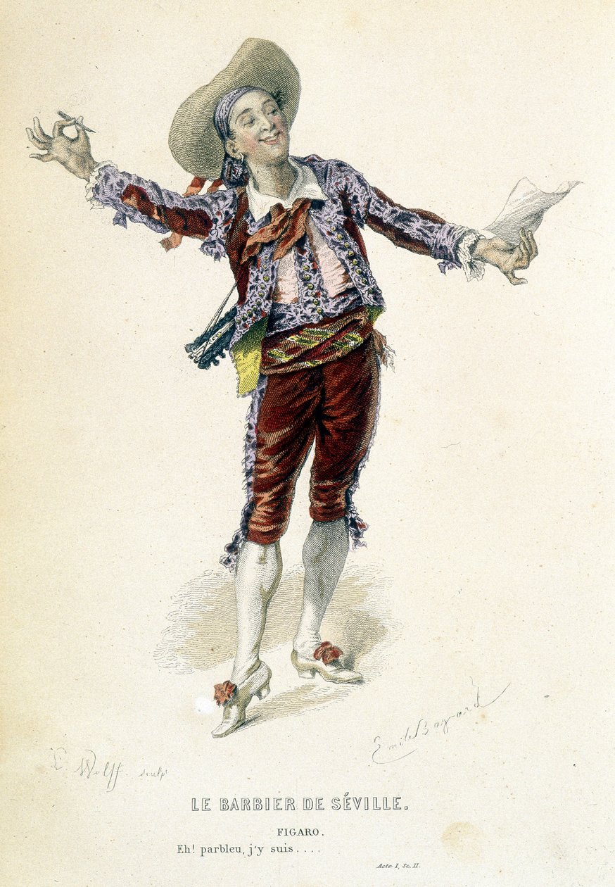 费加罗在 "Le barbier de Seville "中，载于 "Oeuvres completes de Beaumarchais"，编辑。Laplace Sanchez & cie，巴黎 作者 埃米尔·安托万·贝亚德