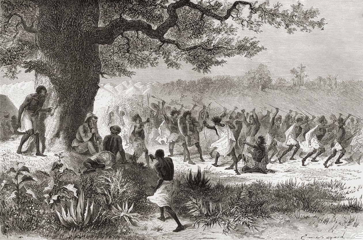 亨利·莫顿·斯坦利（Henry Morton Stanley）在1871年探险期间观看Vouagogos部落准备战斗，1878年出版的“世界在手中” 作者 埃米尔·安托万·贝亚德