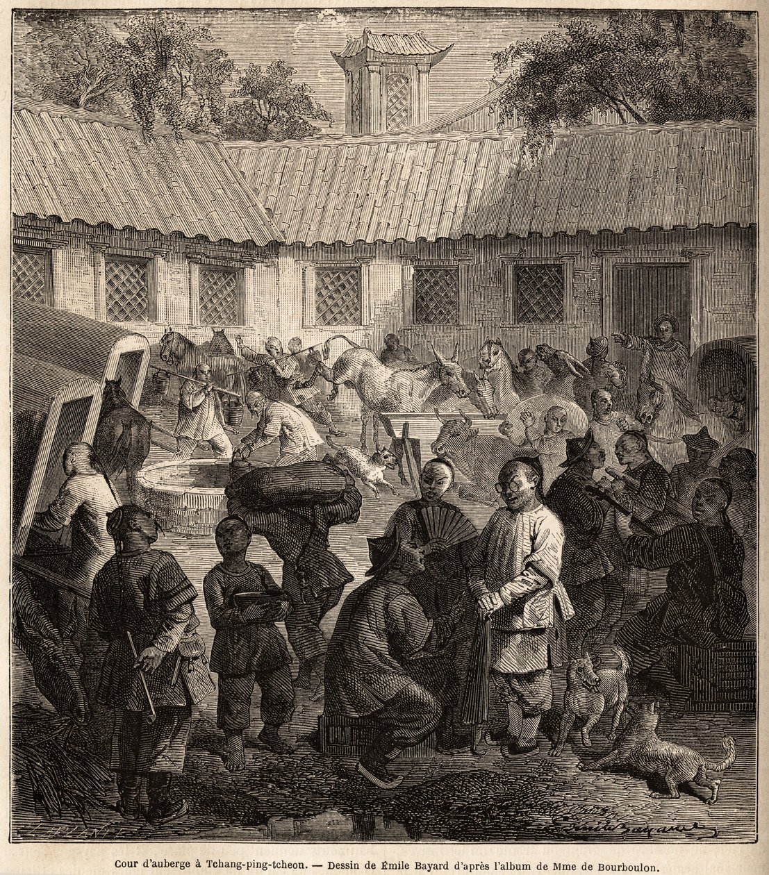 蒋平秋的宿舍院子。埃米尔-巴亚尔（1837-1891）绘制的图画，用于说明1859年至1862年法国驻中国公使德-布尔隆先生从上海到莫斯科的旅程。雕刻在《世界之旅》中，由Edouard Charton编辑。 作者 埃米尔·安托万·贝亚德
