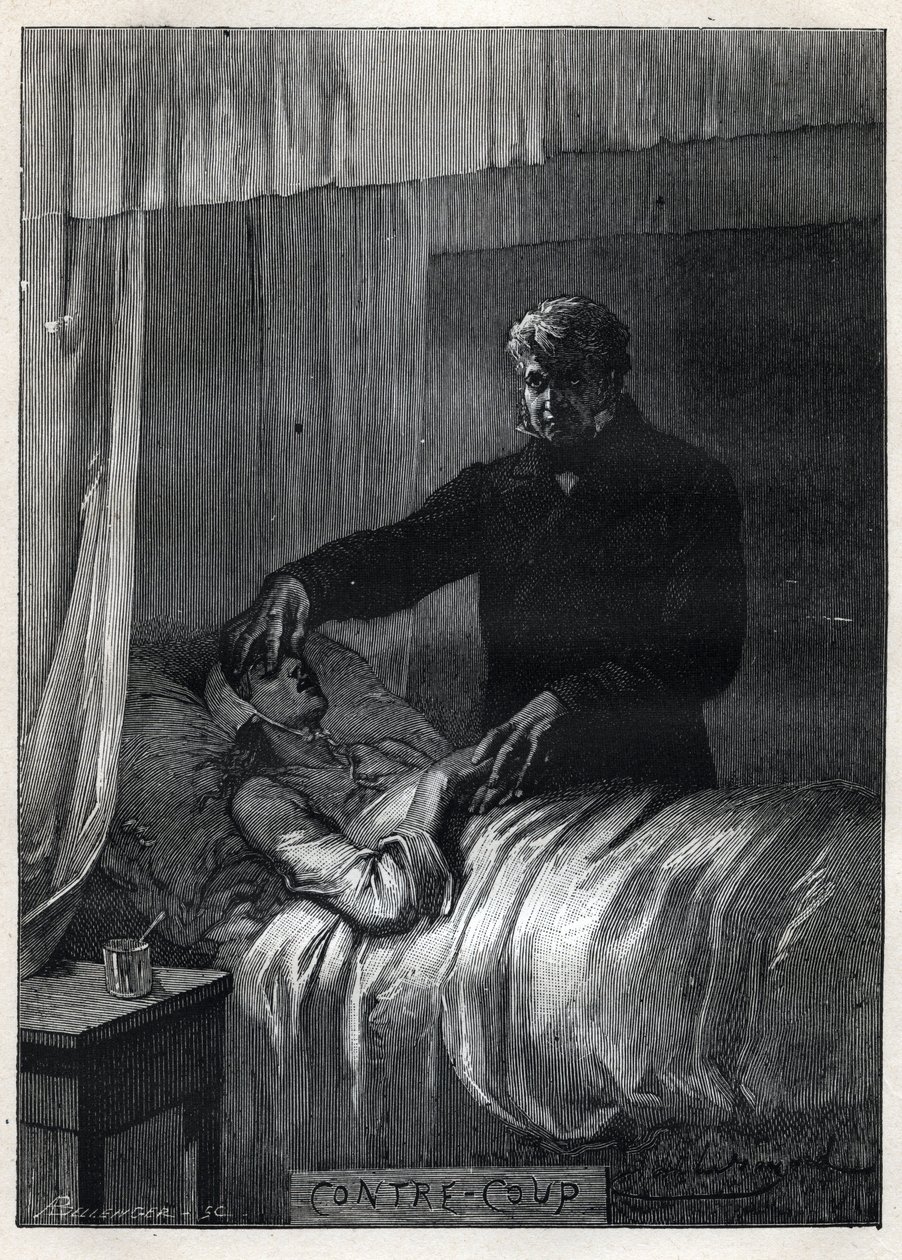 冉阿让闭上死去的芳汀的眼睛--埃米尔-巴亚尔（1837-1891）为《悲惨世界--第一部分》所作的插图。芳汀"，维克多-雨果（1802-1885），1862年 作者 埃米尔·安托万·贝亚德