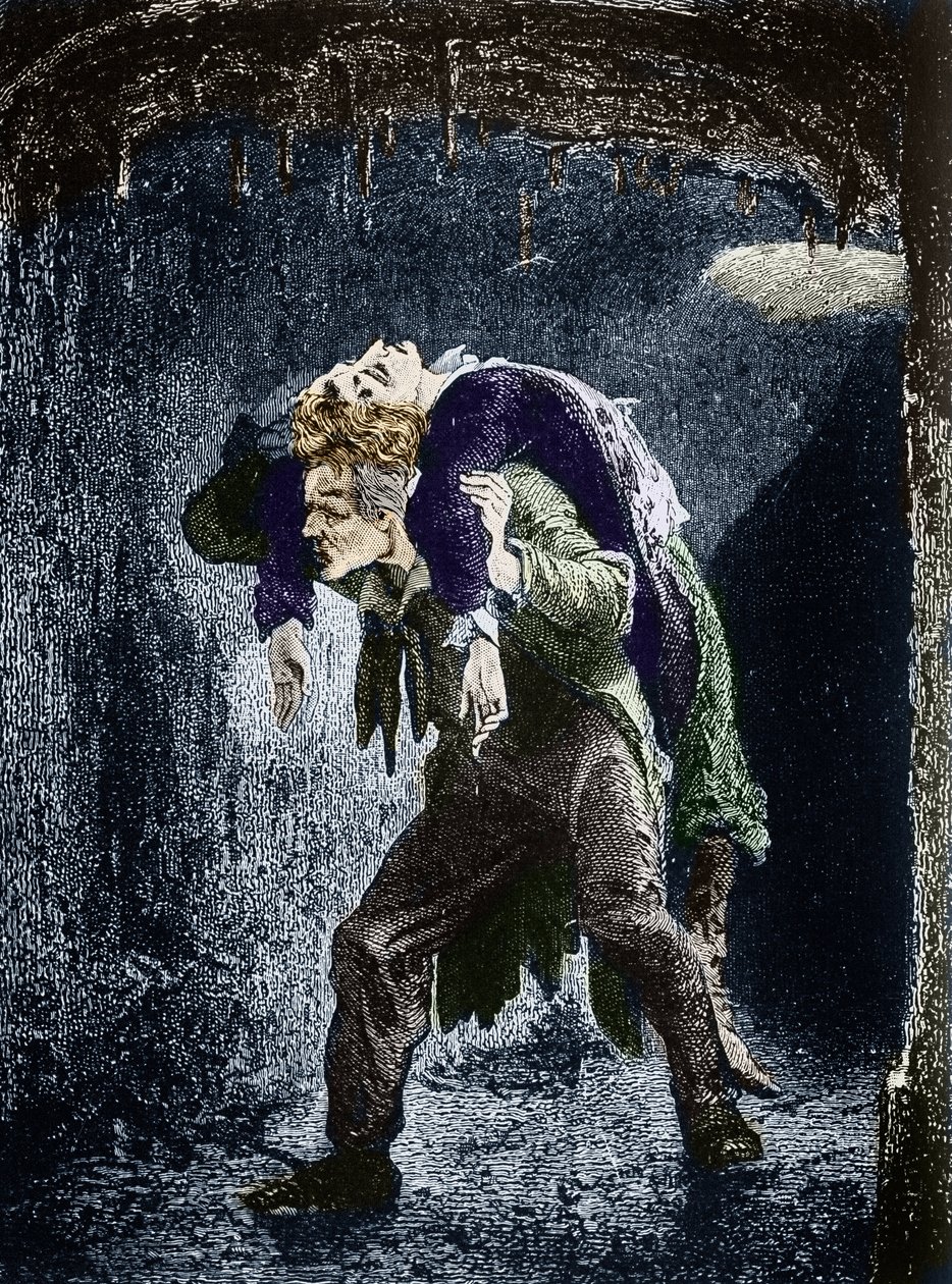 冉阿让（Jean Valjean），马吕斯背负伤，在巴黎水中逃亡 维克多·雨果（1802-1885）的小说《悲惨世界》插图 埃米尔·贝亚德（Emile Bayard）插图 -（冉阿让背着马吕斯，穿过巴黎的下水道） 巴黎）雕刻加工 作者 埃米尔·安托万·贝亚德