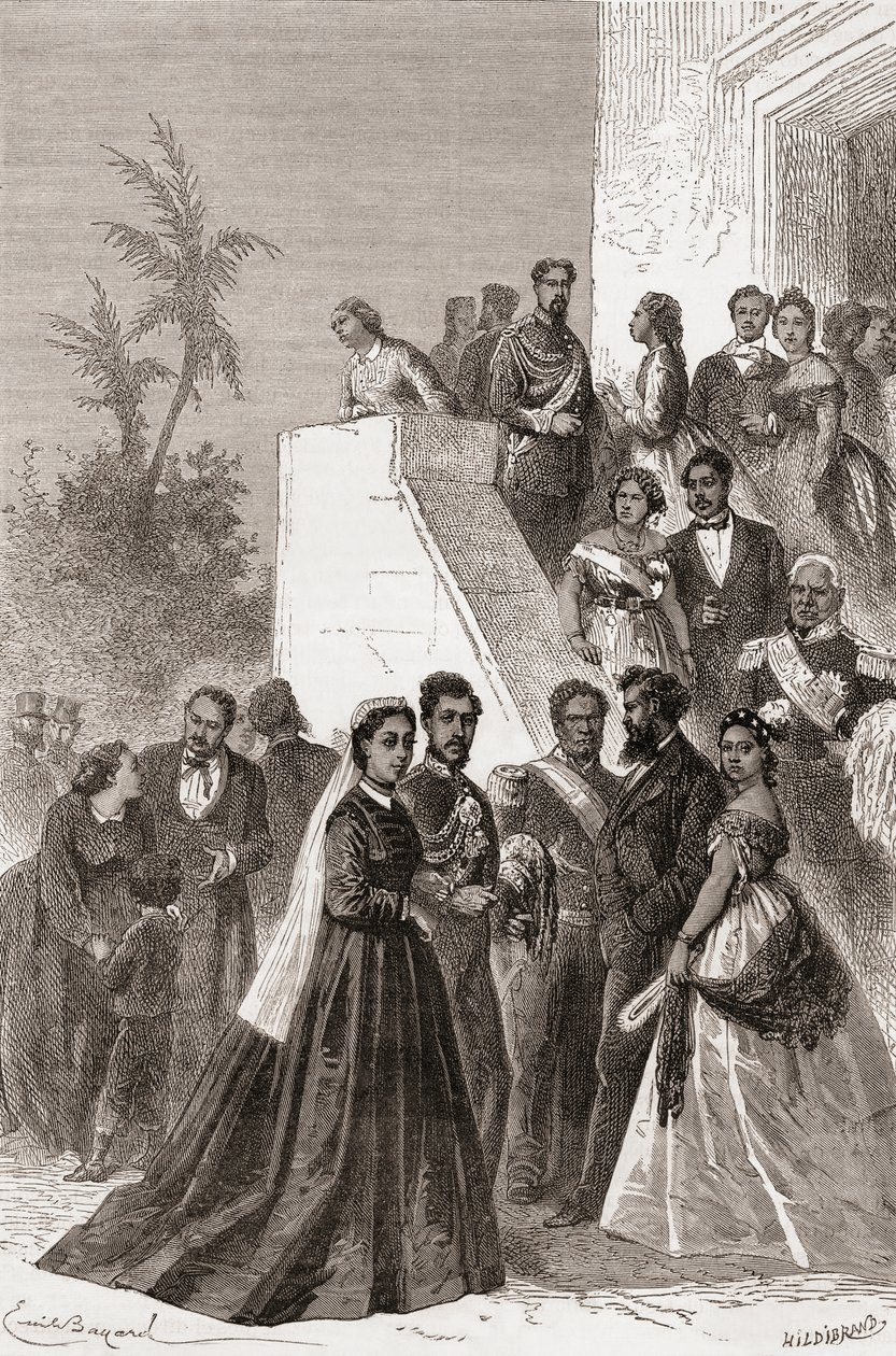 Kamehameha V，中心，与他的家人，来自&39;手中的世界&39;的插图，由Henri Theophile Hildibrand（1824-97）刻，1878年出版 作者 埃米尔·安托万·贝亚德