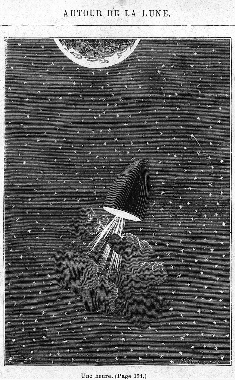 离开月球，来自Jules Verne（1828-1905）巴黎的“环绕月球”插图，Hetzel，Henri Theophile Hildibrand（1824-97） 作者 埃米尔·安托万·贝亚德