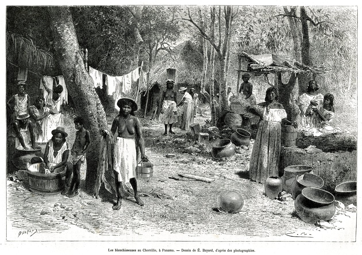 Les blanchisseuses au Chorillo, Panama, engraving after a drawing by E.Bayard, to illustrate the story Exploration at the isthms of Panama and Darien, by A. Reclus, lieutenant of ship, from 1876 to 1878, published in the tour du monde, under the direction 作者 埃米尔·安托万·贝亚德