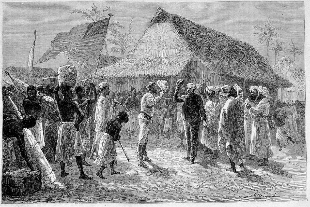 亨利-莫顿-斯坦利爵士（1841-1904）和大卫-利文斯通（1813-1873）在 "世界之旅 "中的会面 作者 埃米尔·安托万·贝亚德