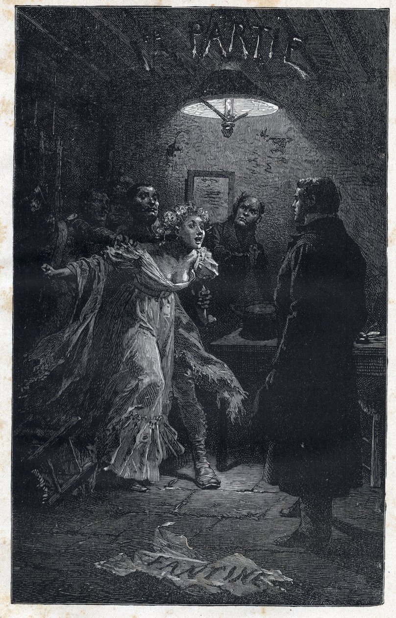 马德兰先生在芳汀被沙威逮捕时前来营救他--埃米尔-巴亚尔（Emile Bayard）（1837-1891）为《悲惨世界--首映部分》提供的插图。芳汀》，维克多-雨果（1802-1885），1862年 作者 埃米尔·安托万·贝亚德