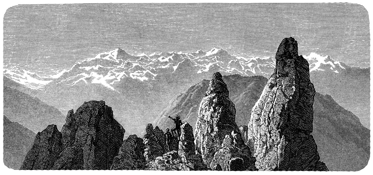 瑞士阿尔卑斯山瓦莱州萨克森浴场附近名为Pierre a Voir的山顶。Emile Bayard为Albert Dupaigne的《Les Montagnes》一书所作的插图，1881年Mame版。 作者 埃米尔·安托万·贝亚德