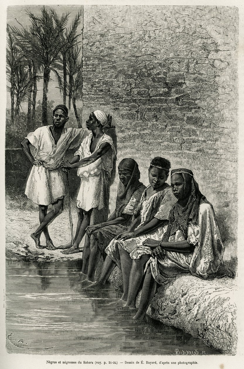 撒哈拉的黑人和女黑人，在Oued Rihr河畔。E.Bayard的版画，用于说明阿尔及利亚的撒哈拉，由V.Largeau在1874-1878年创作，发表在《世界之旅》上，由Edouard Charton（1807-1890）指导。 作者 埃米尔·安托万·贝亚德