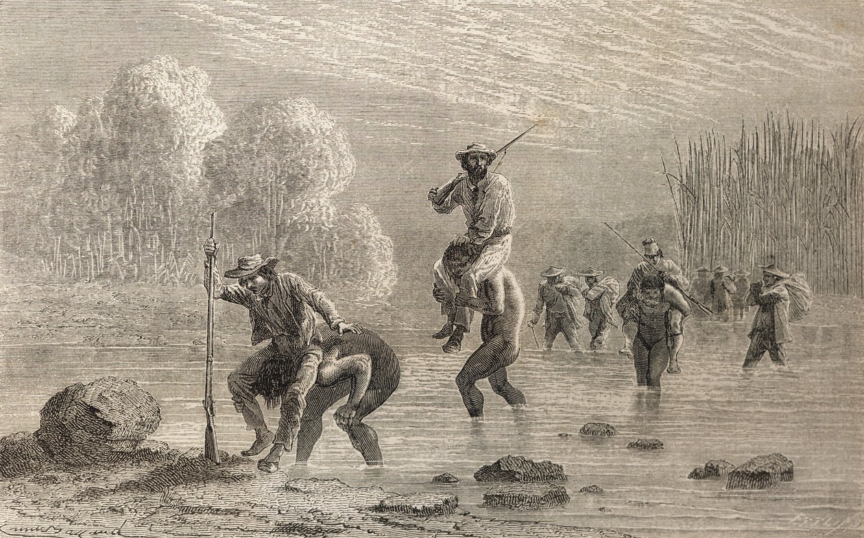 1874年，保罗·马可和他的远征被印第安人印第安人所穿越阿根廷的沼泽地，1878年出版的“手中的世界”插图 作者 埃米尔·安托万·贝亚德