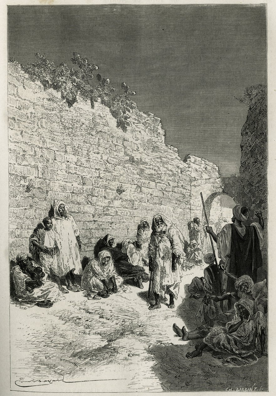 Pending the audience of the sultan, a group of men, women, urban, rural, bourgeois and beggars in the streets of Fes (Fez), the sultan grants a hearing three times a week to anyone who requests it for a favor or obtain justice, etched by Emile Bayard, to i 作者 埃米尔·安托万·贝亚德