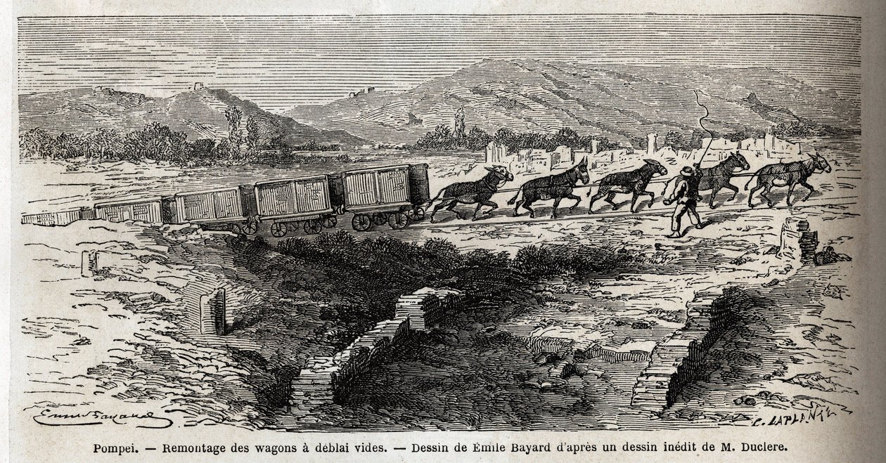 1864年在庞贝的挖掘过程中重新组装空车，由Emile Bayard（1837-1891）绘制，为Marc Monnier（1829-1885）的文章《庞贝和庞贝人》作插图。雕刻在《世界之旅》中，由Edouard Charton编辑。 作者 埃米尔·安托万·贝亚德