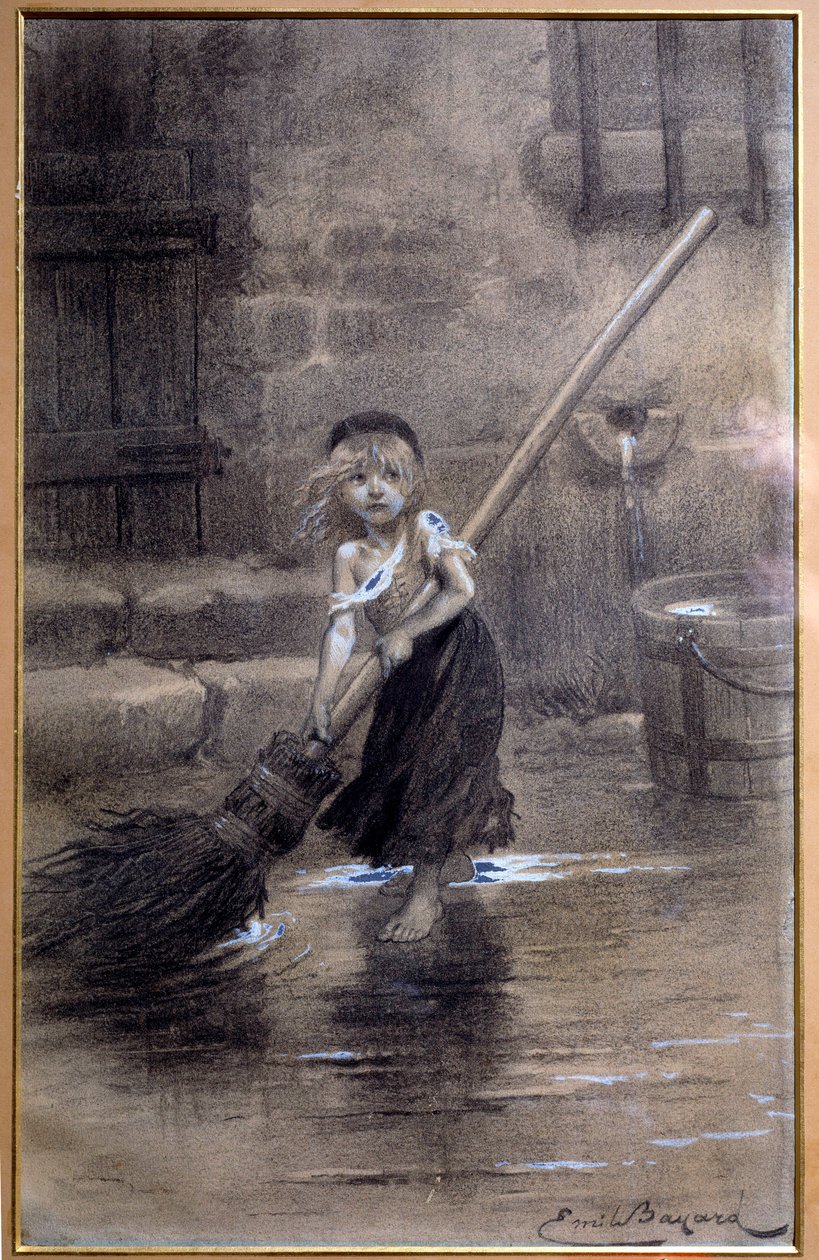 珂赛特的形象，赤脚扫地。维克多-雨果（1802-1885）的《悲惨世界》插图，作者是埃米尔-巴亚尔（1837-1891） 19世纪。巴黎，维克多-雨果之家 作者 埃米尔·安托万·贝亚德