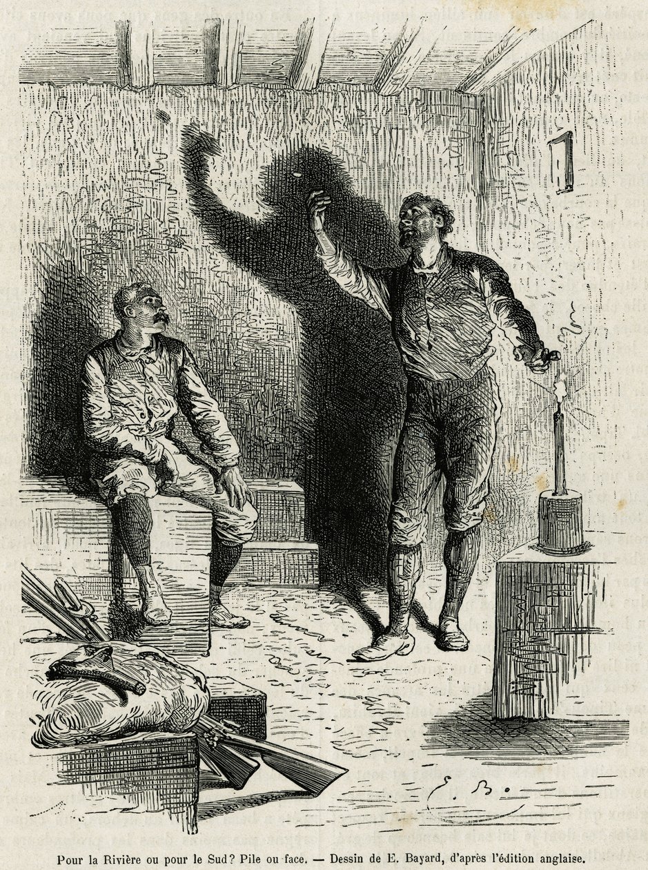 亨利-莫顿-斯坦利爵士（1841-1904年）和他的探险伙伴弗兰克-波克（Franck Pock）决定用埃米尔-巴亚尔（Emile Bayard）绘制的他们的旅行路线的桩子或脸，来说明 "穿越神秘大陆"（赤道非洲）的故事，这是一次远航。 作者 埃米尔·安托万·贝亚德