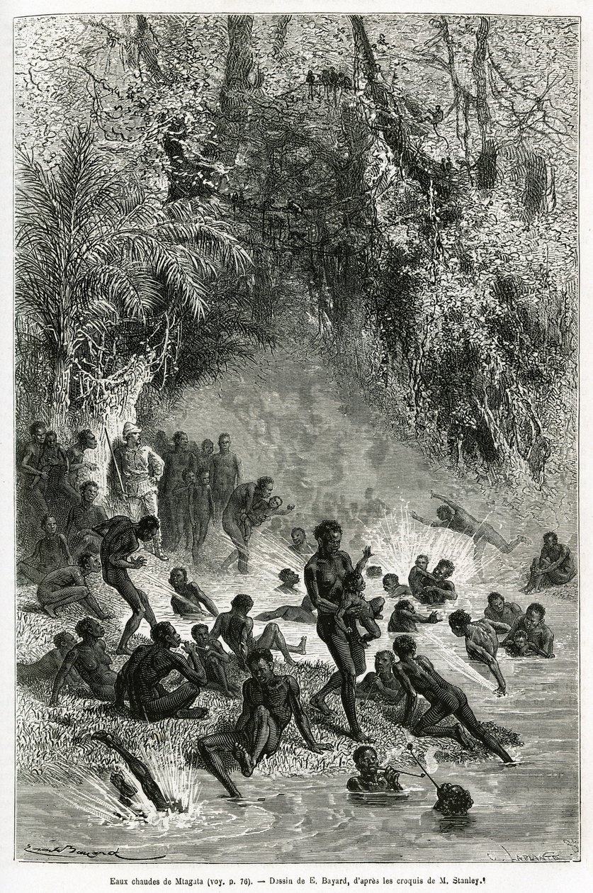 亨利-莫顿-斯坦利爵士（1841-1904年）在卡拉古埃地区（喀麦隆）的沐浴者中间，他们跳入Mtagata峡谷的热水和医疗水盆中，由埃米尔-巴亚尔绘制，为故事《穿越神秘大陆》作插图。 作者 埃米尔·安托万·贝亚德