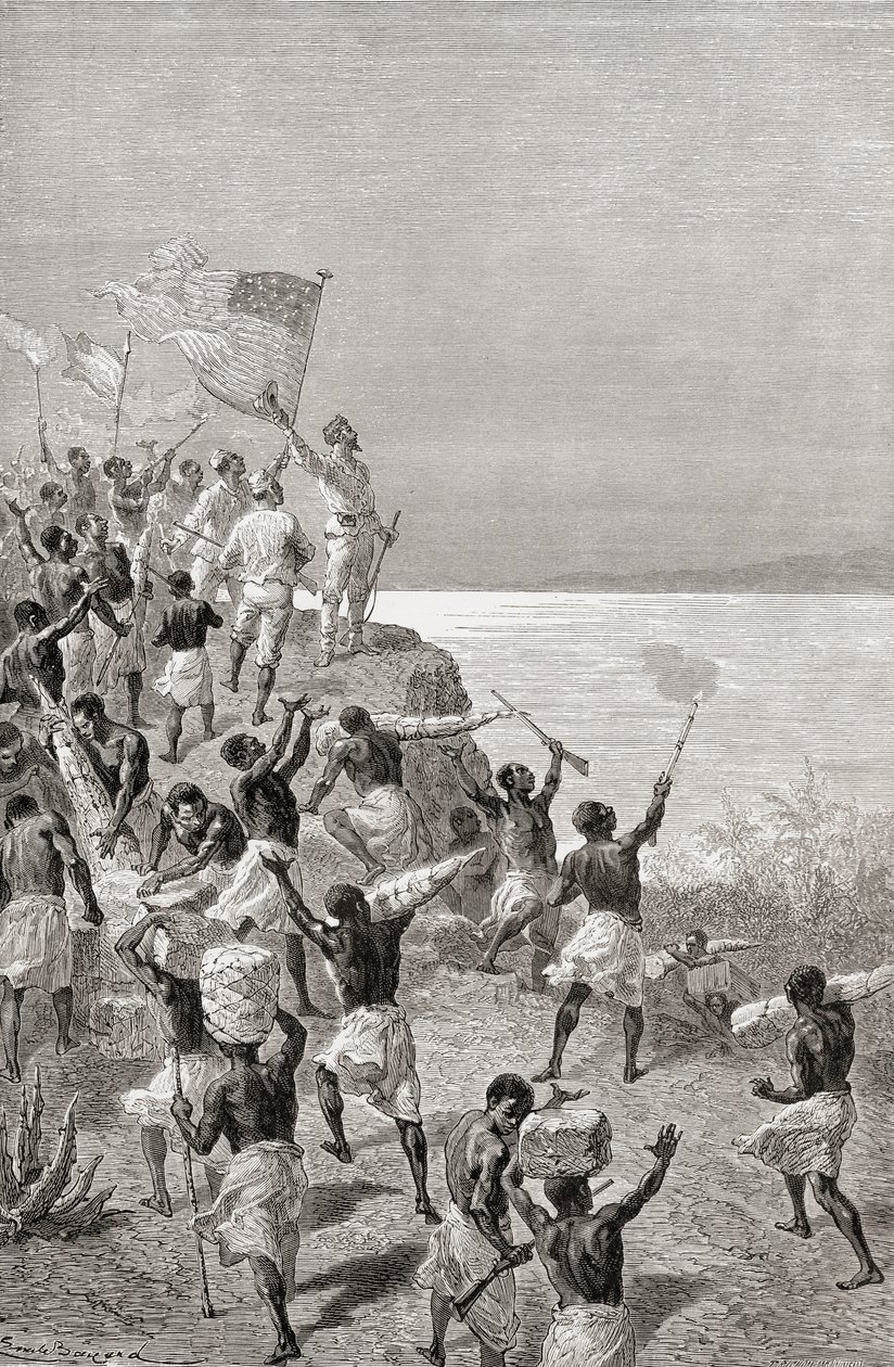 斯坦利和他的远征队于1872年第一次看到东非坦噶尼喀，1878年出版的“世界在手中” 作者 埃米尔·安托万·贝亚德