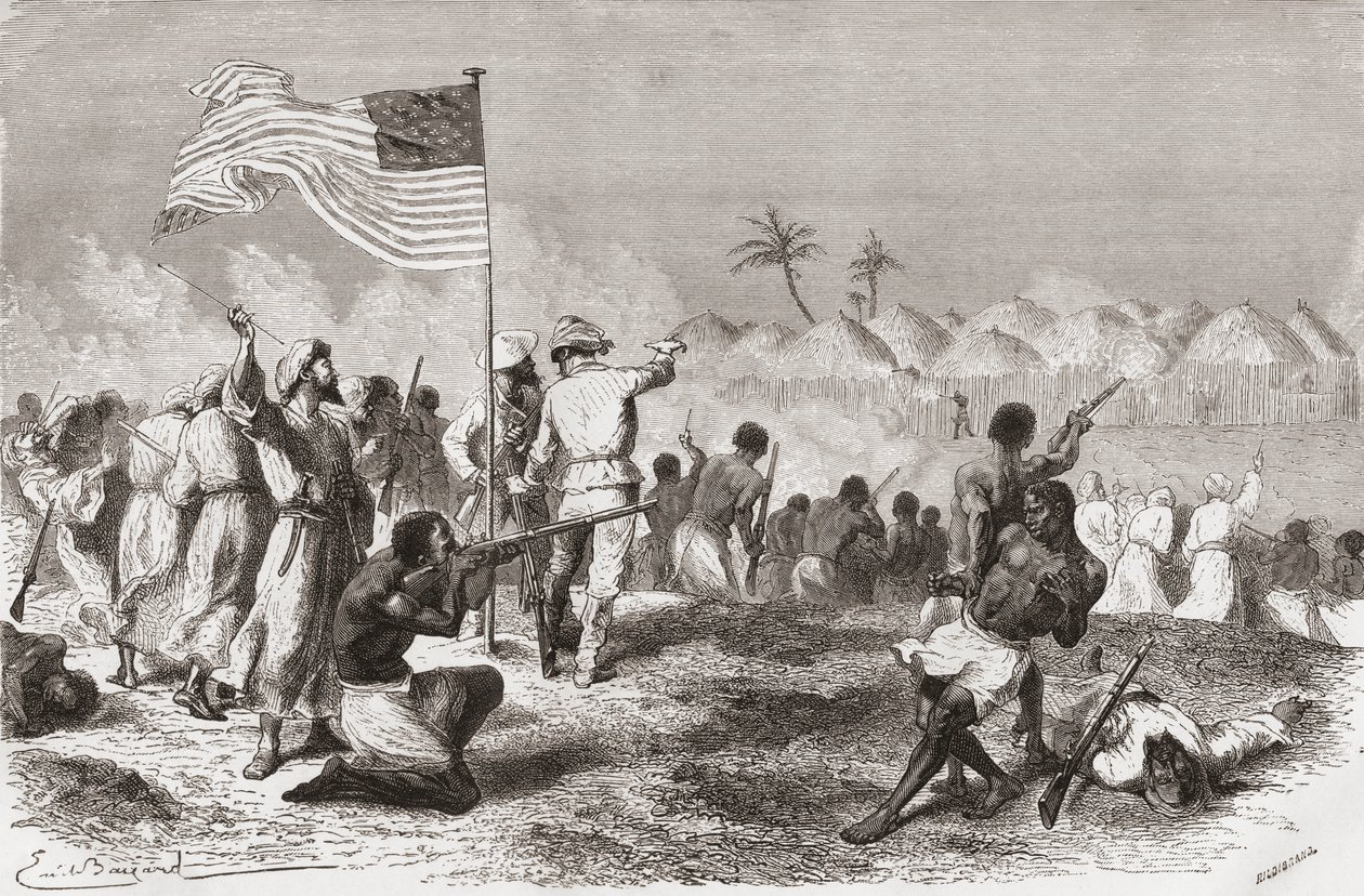 斯坦利在1871年探险期间袭击了Zimbizo，来自“手中的世界”的插图，由Henri Theophile Hildibrand（1824-97）刻，于1878年出版 作者 埃米尔·安托万·贝亚德