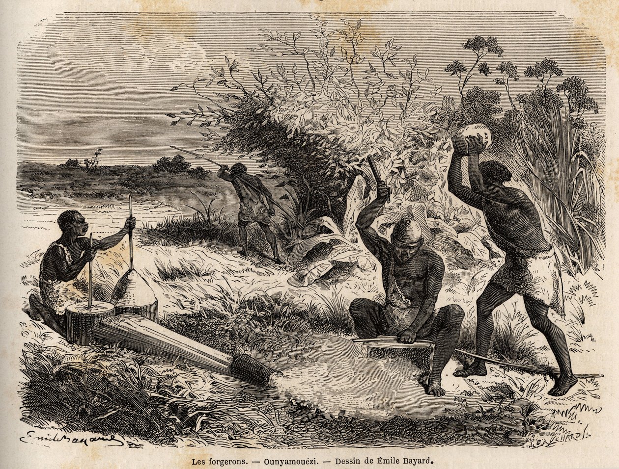 铁匠，在ounyamouezi（非洲大湖区），由Emile Bayard（1837-1891）绘制，说明1860年至1863年Speke船长的非洲发现之旅。雕刻在《世界之旅》中，由Edouard Charton编辑。 作者 埃米尔·安托万·贝亚德