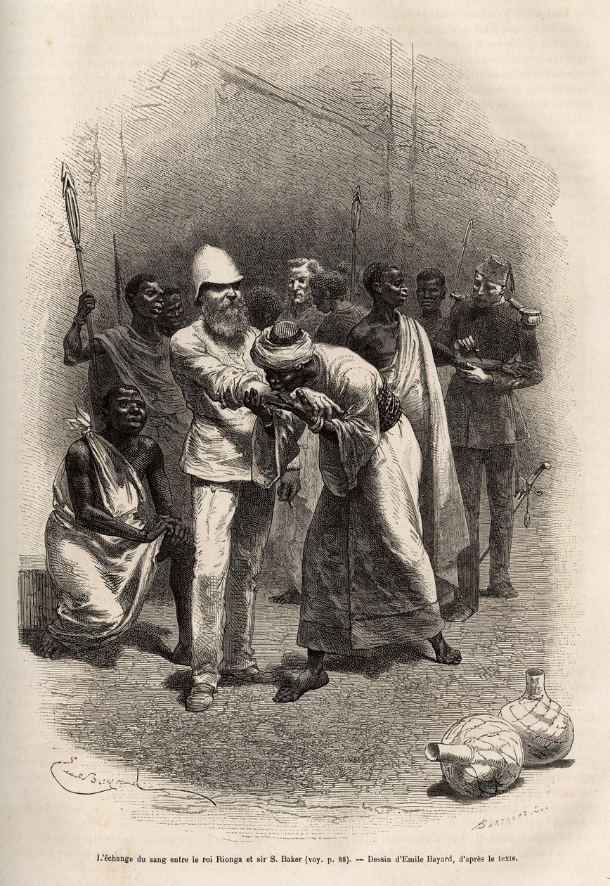 The exchange of blood between King Rionga and Sir Baker, after drinking a large amount of banana cider and spending a night watching and young, the ceremony takes place, each in turn they cut their forearms and drink a drop of blood, then Rionga Vakil is p 作者 埃米尔·安托万·贝亚德