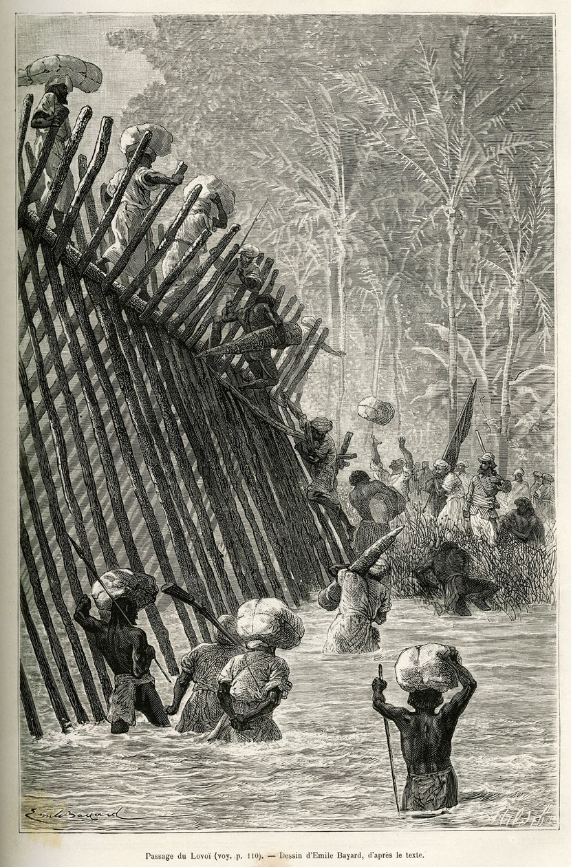 The passage of the river Lovoi (or river of the devil) (Katanga region, Congo) by the expedition, drawing by Emile Bayard, to illustrate the journey through Africa, from Zanzibar (Tanzania) to Benguela (Angola), from 1873 to 1876, by British commander V.L. 作者 埃米尔·安托万·贝亚德