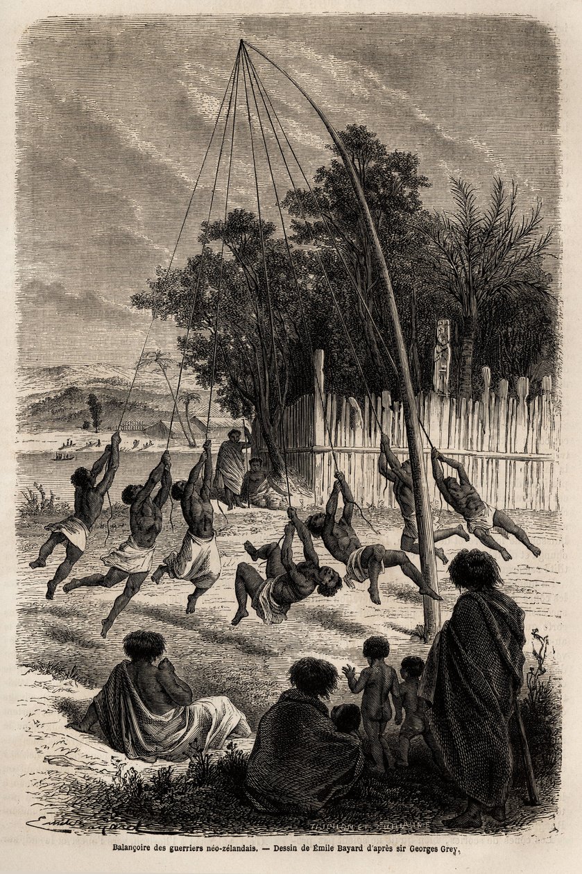 奥克兰地峡的新祖国战士的秋千，由Emile Bayard（1837-1891）绘制，用于说明Ferdinand de Hochstetter于1858年至1860年的新西兰之旅。雕刻在 "Le tour du monde "中，由Edouard Charton编辑。 作者 埃米尔·安托万·贝亚德
