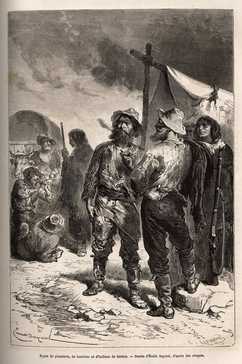 本顿(蒙大拿州)的先驱者和印第安人的类型，根据Emile Bayard的画作雕刻，说明1868年从华盛顿到旧金山的航行，由L. Simonin绘制，发表在《世界之旅》1874年，由Edouard Cha编辑。 作者 埃米尔·安托万·贝亚德