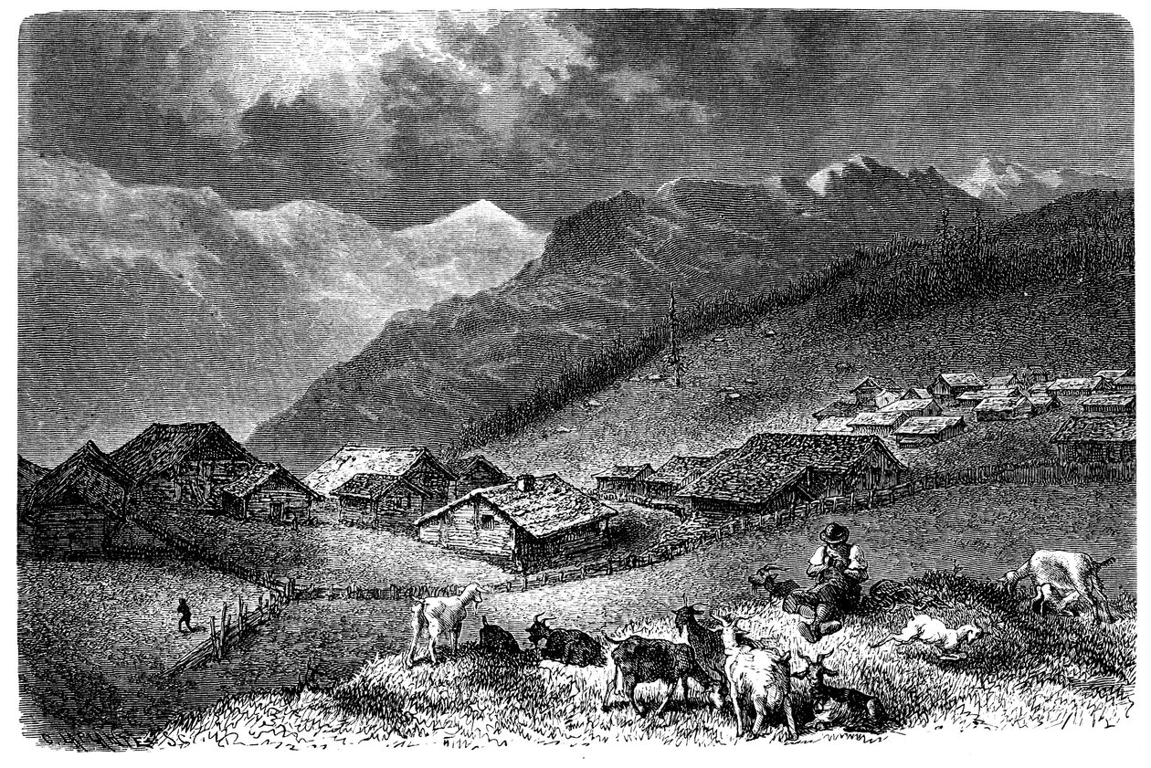 Village in the Alps. Murren, in the Bernese Oberland, altitude 1630 meters. Shepherd keeping his herd of goats and sheep (sheep). Illustration by Emile Bayard for Albert Dupaigne