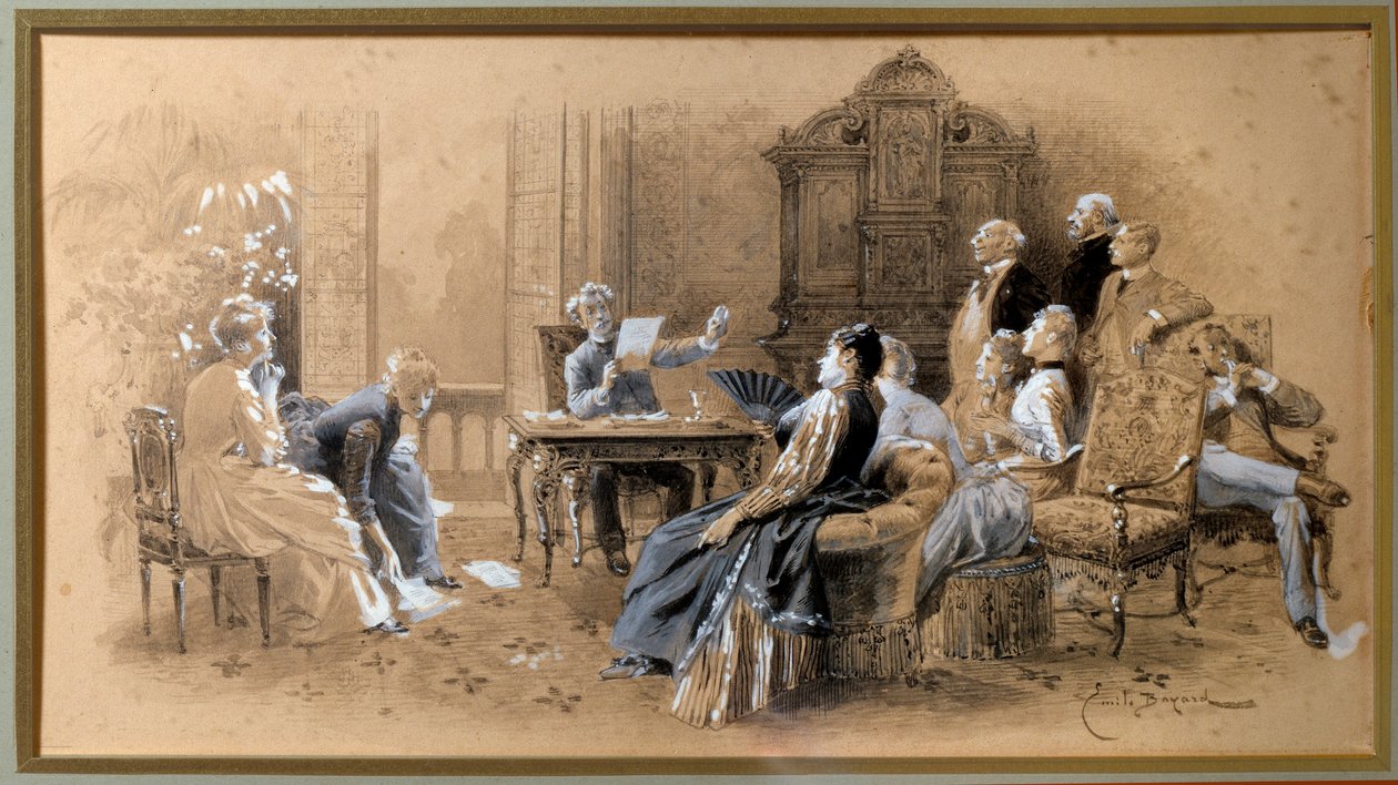 作家小大仲马 (1824-1895) 阅读他的作品 Lavis d
