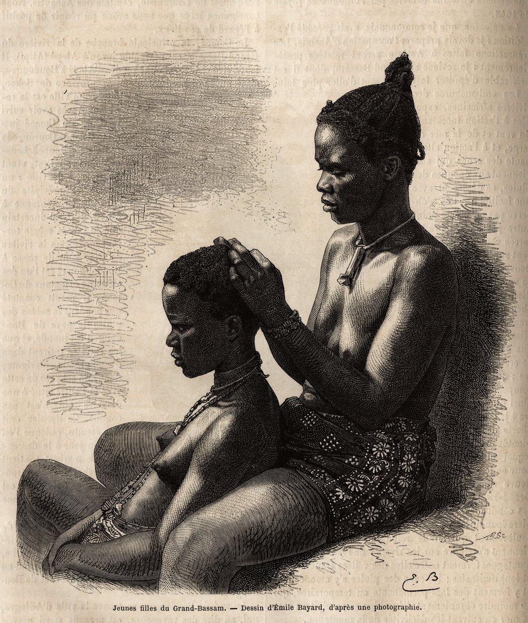 大巴萨姆（Grand Bassam）（前象牙海岸首府）的年轻女孩，为自己造型，根据埃米尔-巴亚尔的画作雕刻，说明1868年对非洲海岸的航行，由Fleuriot de Langles海军中将绘制，发表于《Le tour du m 作者 埃米尔·安托万·贝亚德