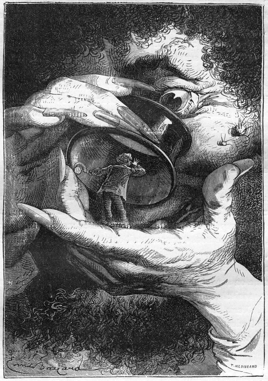 儒勒·凡尔纳 (Jules Verne) 的小说《绕月》插图，埃米尔·贝亚德 (Emile Bayard) 绘，赫策尔版/1870 年非凡航程。宇航员米歇尔·阿丹 (Michel Ardan) 想象自己被一个巨人通过放大镜观察（参考斯威夫特的格列佛） 作者 埃米尔·安托万·贝亚德