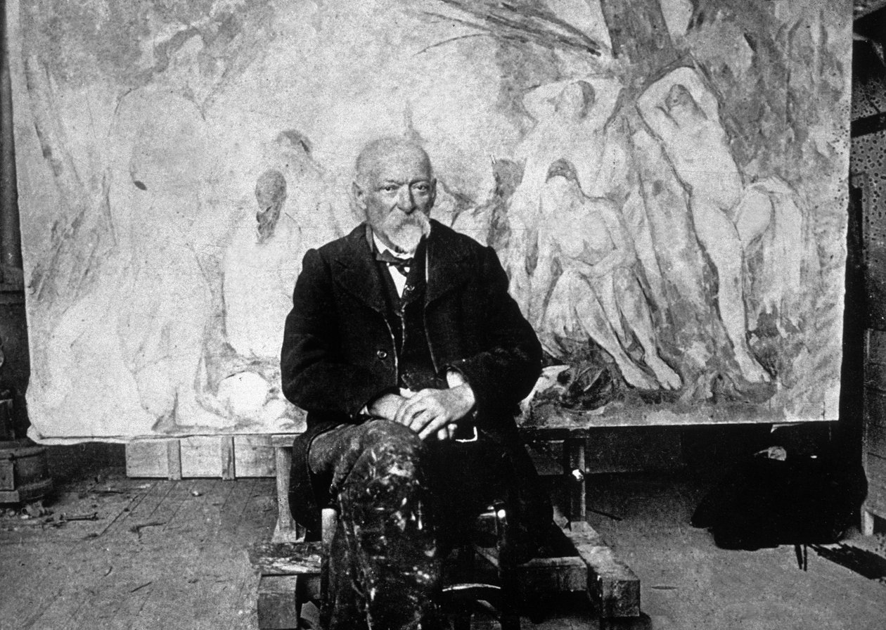 保罗·塞尚（Paul Cezanne，1839-1906年），1904年成为法国画家，在他的一张画布上展示游泳者（黑白照片） 作者 埃米尔·伯纳德（Emile Bernard）