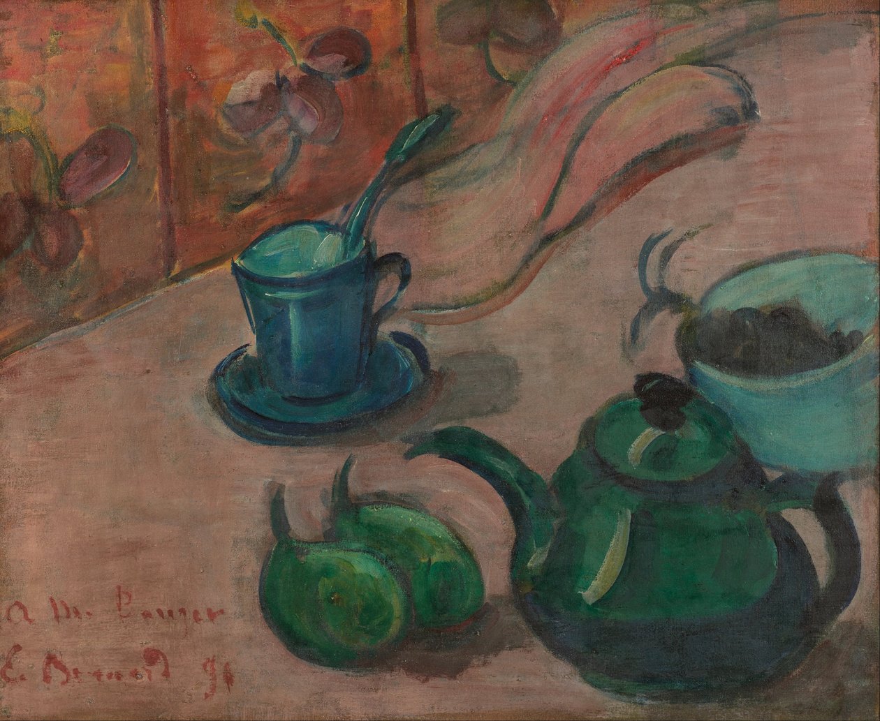 静物与茶壶，杯子和水果 作者 埃米尔·伯纳德（Emile Bernard）