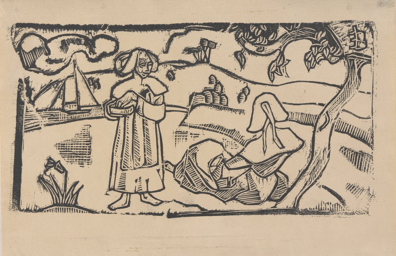 两个布列塔尼妇女，约 1891 年（木刻版画） 作者 埃米尔·伯纳德（Emile Bernard）