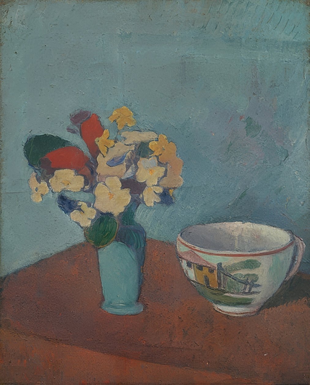 有花和杯子的花瓶。 1887-88 作者 埃米尔·伯纳德（Emile Bernard）