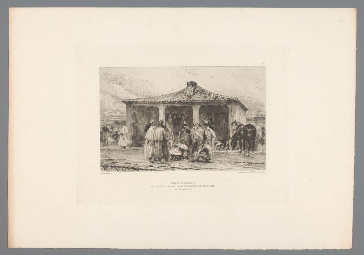 士兵在营地中
Metz 8 octobre 1870/ Des soldats de cavalerie isolés bivouaquent place Saint Simon au Fort Moselle（标题见实物）
Franse etsen uit 1875（系列标题）
1875 年的蚀刻（系列标题） 作者 埃米尔·伯尔文