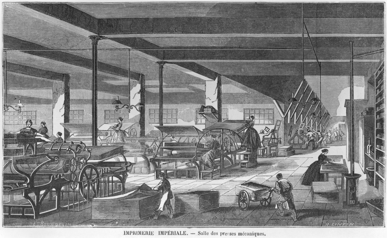 帝国印刷厂的印刷机房，由Julien Turgan的&39;Les Grandes Usines&39;插图，由Henry Duff Linton（1815-99）雕刻.1880 作者 埃米尔·波德林（Emile Bourdelin）