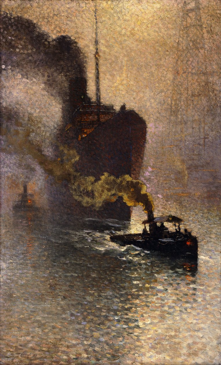 在雾中泰晤士河上的拖曳中； Escort sur la Tamise dans le Brouillard-1918年在泰晤士河上被拖走 作者 埃米尔克劳斯