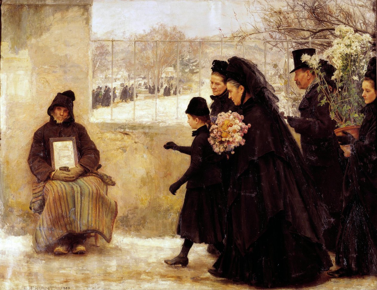 All Saints 一个去墓地的哀悼家庭给了一个做 alumone 的老人一个硬币。 Emile Friant (1863-1932) 1888 年作画 2,54x3,34 m 南希，美术博物馆 作者 埃米尔·弗里安特（Emile Friant）